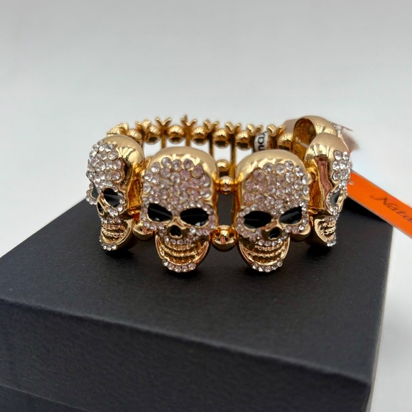 Natasha Gold Tone Skull Bracelet Rhinestone Stretch Halloween Jewelry - Picture 1 of 3